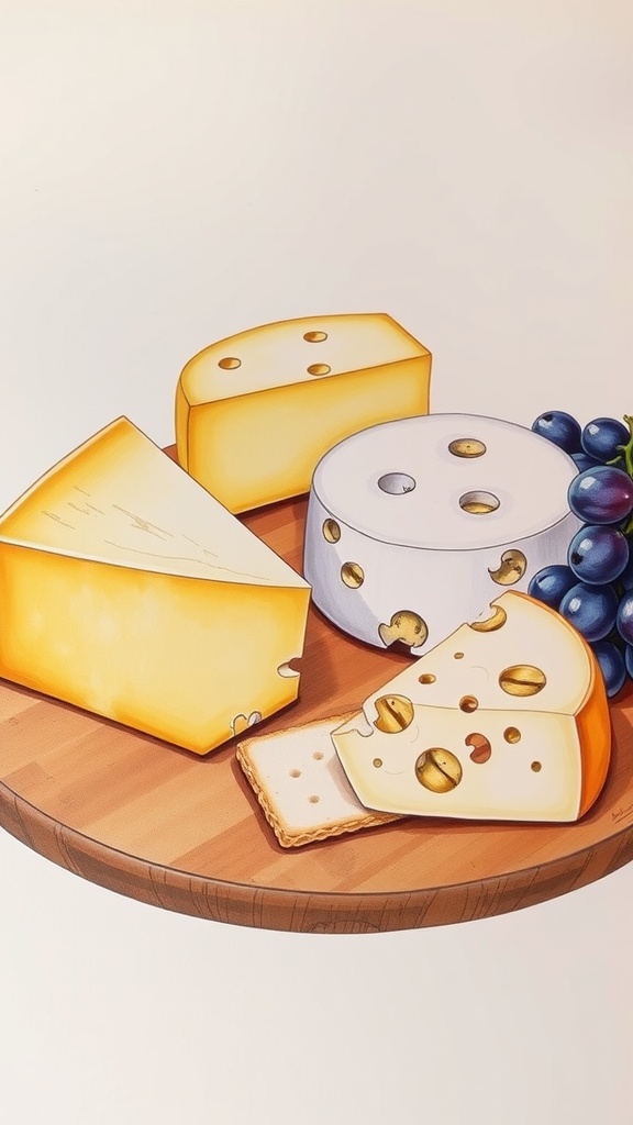 Illustration of various cheeses including cheddar, Brie, and Swiss on a wooden board with grapes and crackers.